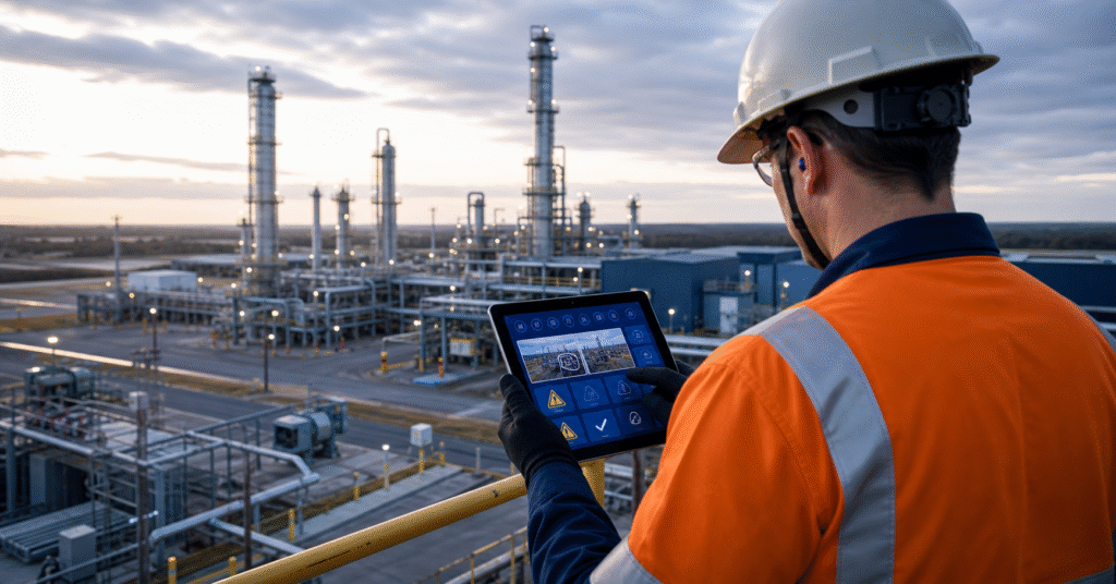 Gas refinery worker completing interactive safety training on a tablet