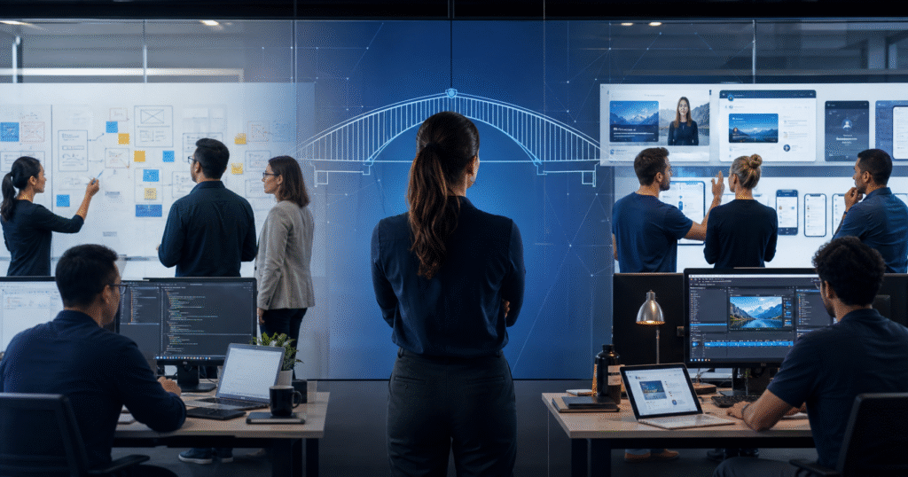 Learning professionals comparing in-house and outsourced eLearning options
