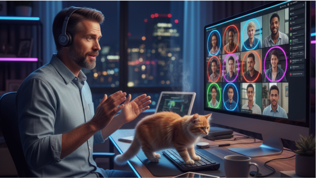 Remote leader on a video call while a cat walks across the keyboard