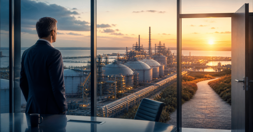 Business leader reflecting on opportunity and resilience overlooking an LNG facility