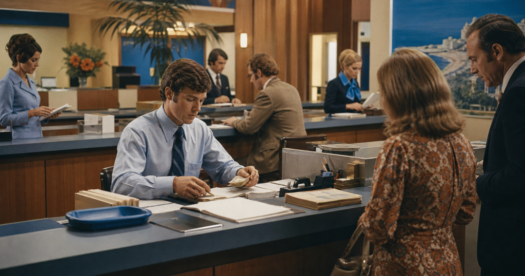A realistic 1970s bank teller training simulation with a young trainee balancing cash